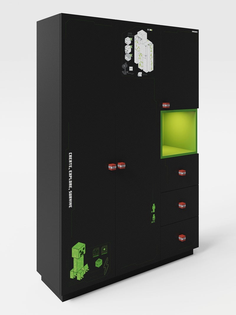 Armadio 3 ante e 3 cassetti con LED "Roba" – Minecraft Nero/Verde/Rosso - Kiabi