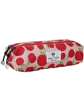 Astuccio bambina 2 scomparti POL FOX Pompom rosa e rosso motivo mela