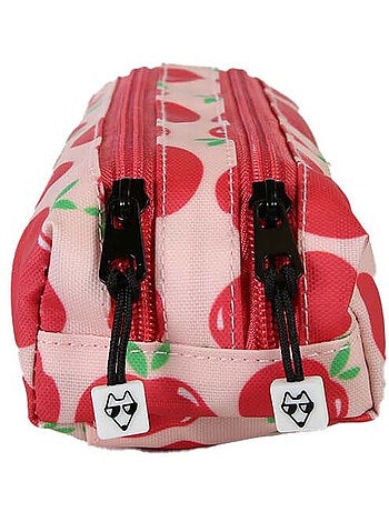 Astuccio bambina 2 scomparti POL FOX Pompom rosa e rosso motivo mela