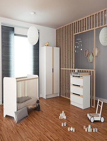 AT4 - Cameretta completa bambini letto, fasciatoio e guardaroba CARROUSEL - Bianca/Faggio natural