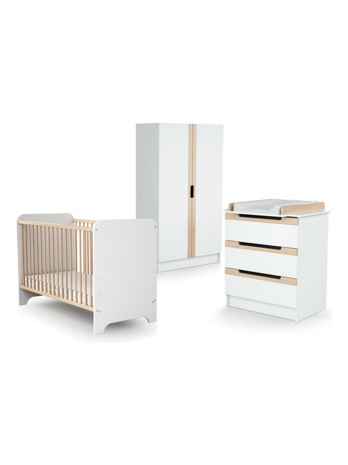 AT4 - Cameretta completa bambini letto, fasciatoio e guardaroba CARROUSEL - Bianca/Faggio natural - Kiabi