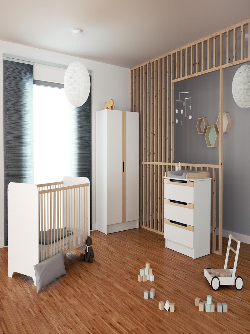 AT4 - Cameretta completa bambini letto, fasciatoio e guardaroba CARROUSEL - Bianca/Faggio natural Beige/Bianco - Kiabi