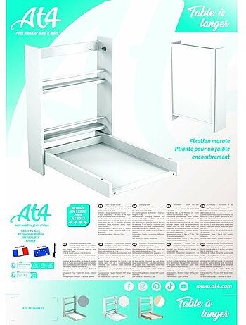 AT4 - Fasciatoio pieghevole a parete/muro EAZY legno - Bianco - 78 x 56 x 78 cm
