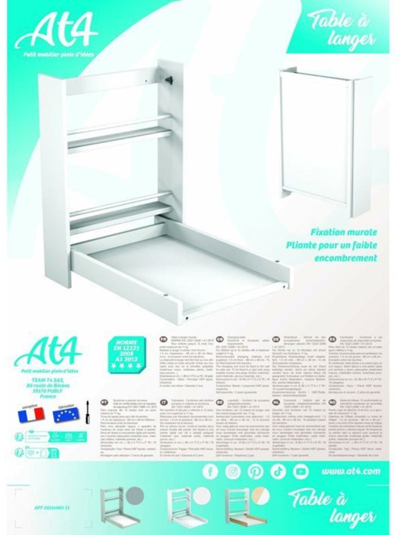 AT4 - Fasciatoio pieghevole a parete/muro EAZY legno - Bianco - 78 x 56 x 78 cm Bianco - Kiabi