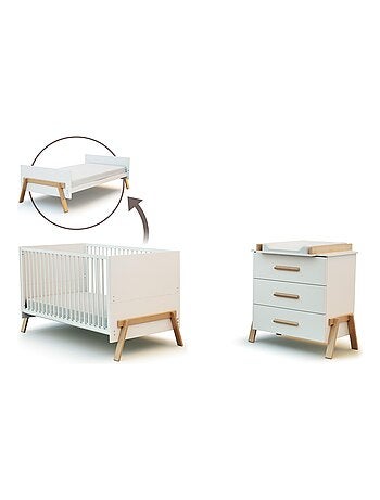 AT4 - Lettino bambini e cassettiera fasciatoio 3 cassieti CANAILLE - Bianco/Faggio - 70 x 140
