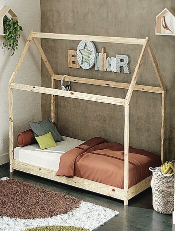 AT4 - Lettino Cabane bambini legno Cabana - Marrón - 70 x 140 - 145 x 77 x 124 cm