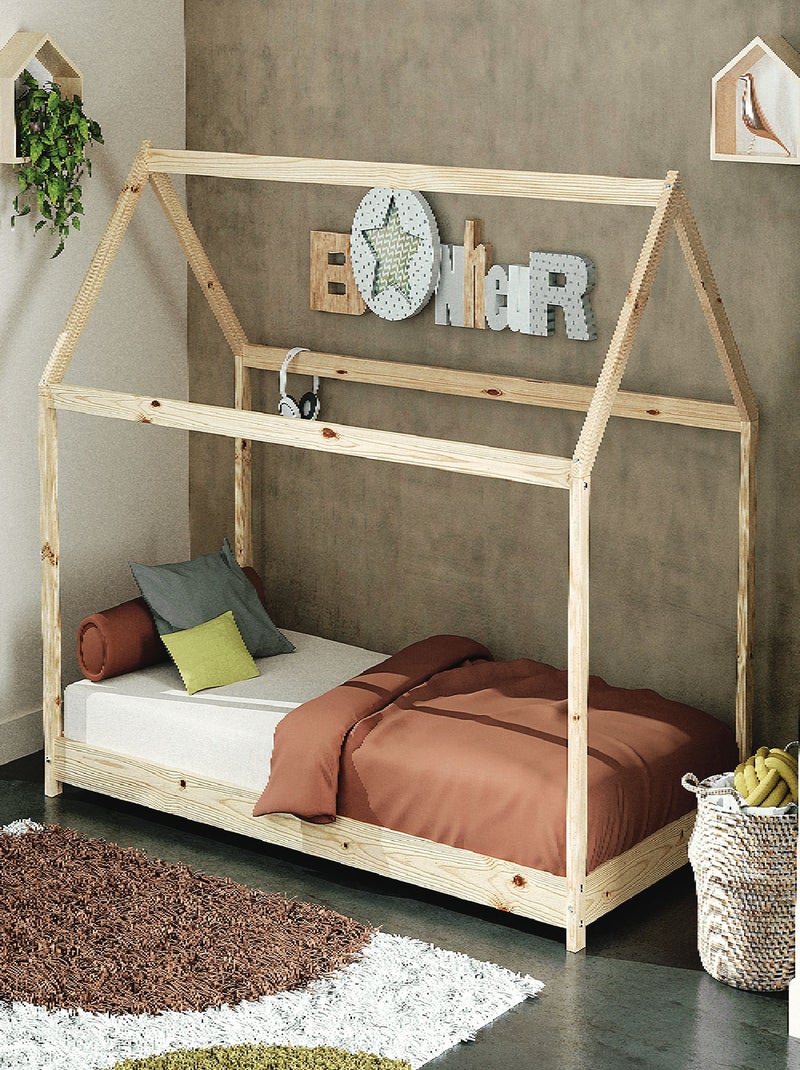 AT4 - Lettino bambini forma di casa legno Cabana - Marrón - 90 x 190 - 195 x 97 x 124 cm Beige - Kiabi