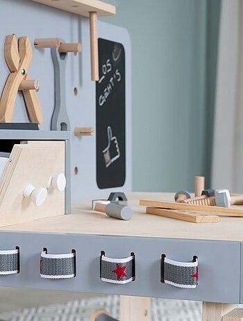 Banco da lavoro in legno per bambini, regolabile in altezza + 38 accessori – "Roba
