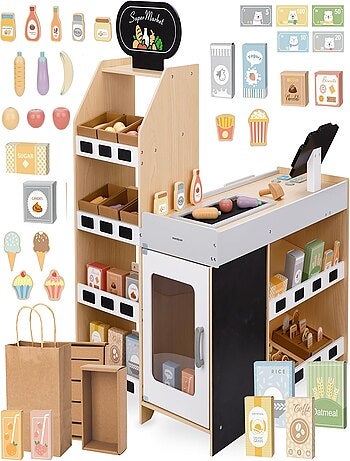 Banco mercato in legno per bambini – negozio giochi con accessori e alimenti giocattolo