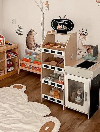 Banco mercato in legno per bambini – negozio giochi con accessori e alimenti giocattolo