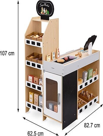 Banco mercato in legno per bambini – negozio giochi con accessori e alimenti giocattolo