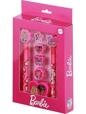 Barbie mix confezione di penna a gel cancellabile + matita eterna + 4 gomme + temperamatite, rosa