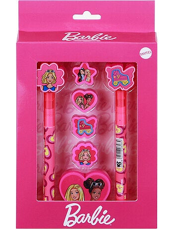 Barbie mix confezione di penna a gel cancellabile + matita eterna + 4 gomme + temperamatite, rosa