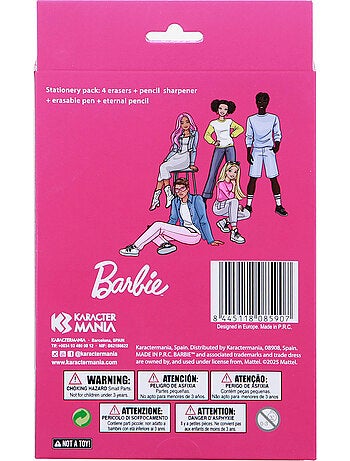 Barbie mix confezione di penna a gel cancellabile + matita eterna + 4 gomme + temperamatite, rosa