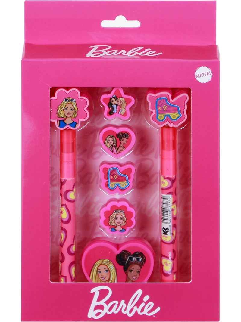 Barbie Mix Confezione di Penna a Gel Cancellabile + Matita Eterna + 4 Gomme + Temperamatite, Rosa Rosa - Kiabi