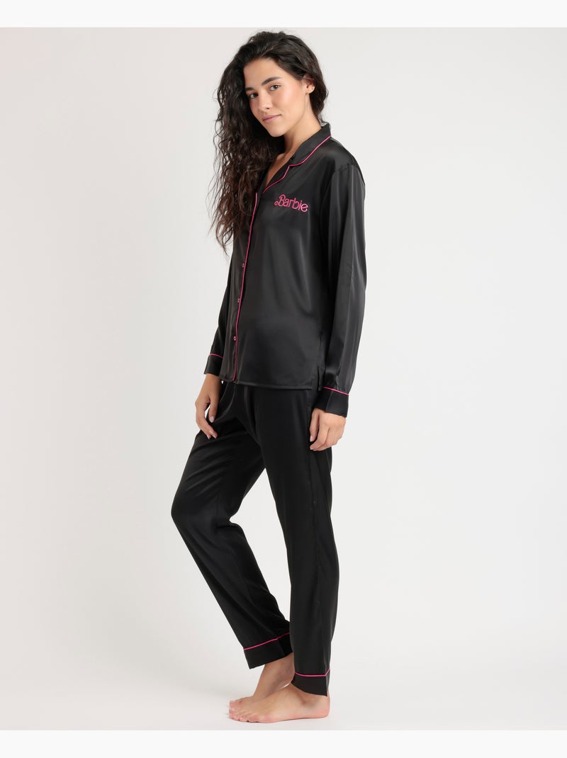 BARBIE Pigiama aperto a maniche lunghe in raso vintage da donna Nero - Kiabi