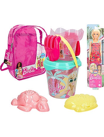 Barbie set di secchielli da spiaggia con bambola, accessori e borsa da trasporto