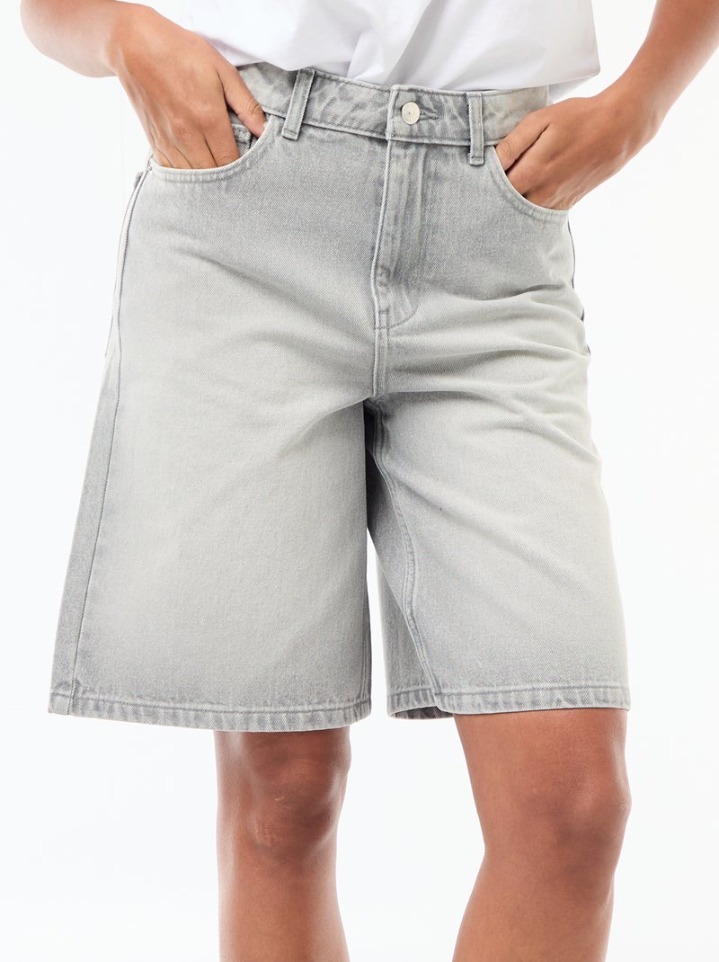Bermuda in denim a vita alta Grigio - Kiabi