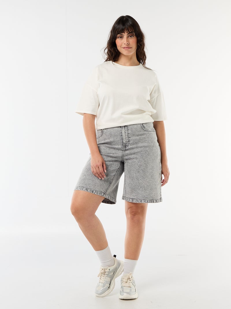Bermuda in denim a vita alta Grigio - Kiabi
