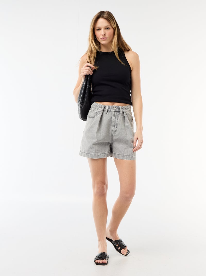 Bermuda in denim a vita alta Grigio - Kiabi