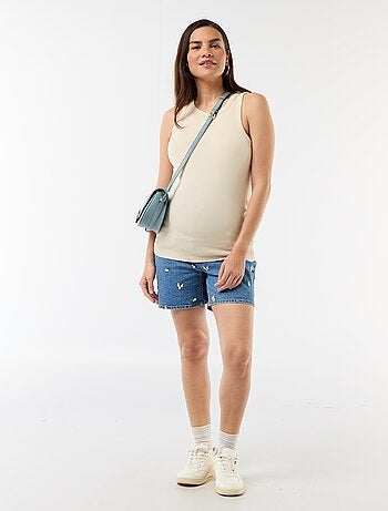 Bermuda in denim a vita alta premaman con ricami