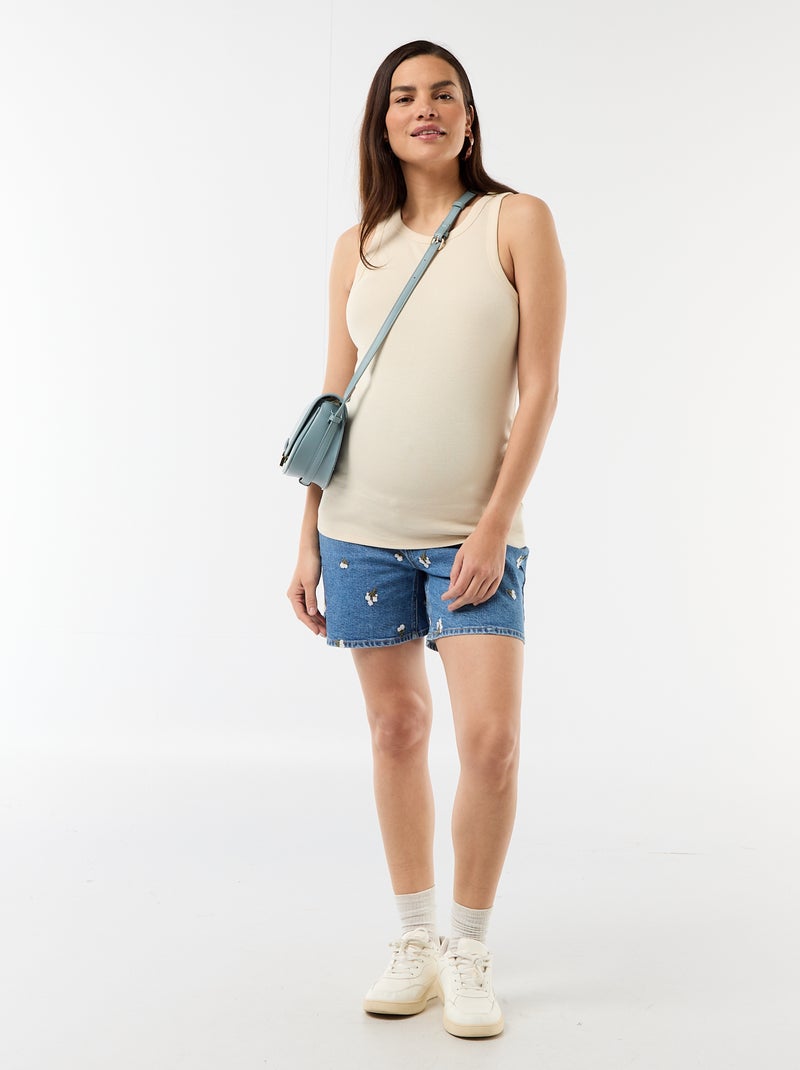 Bermuda in denim a vita alta premaman con ricami Blu - Kiabi
