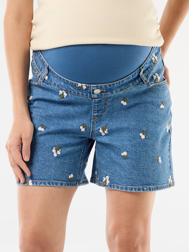 Bermuda in denim a vita alta premaman con ricami Blu - Kiabi