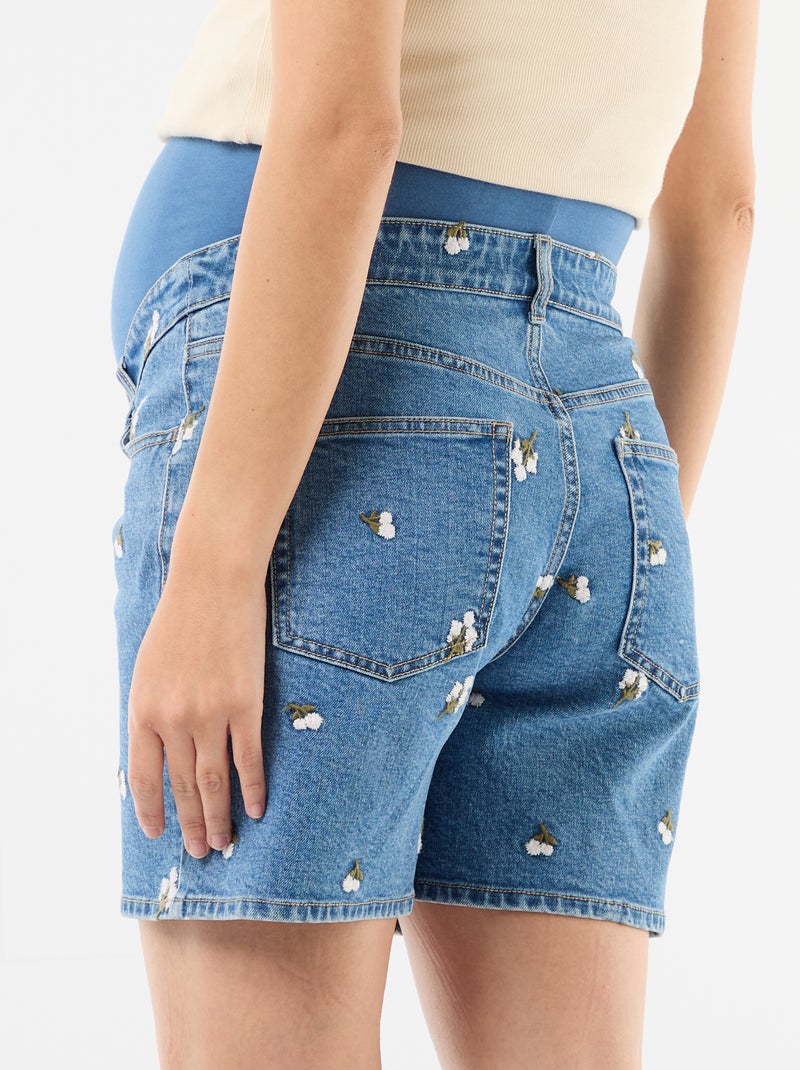 Bermuda in denim a vita alta premaman con ricami Blu - Kiabi