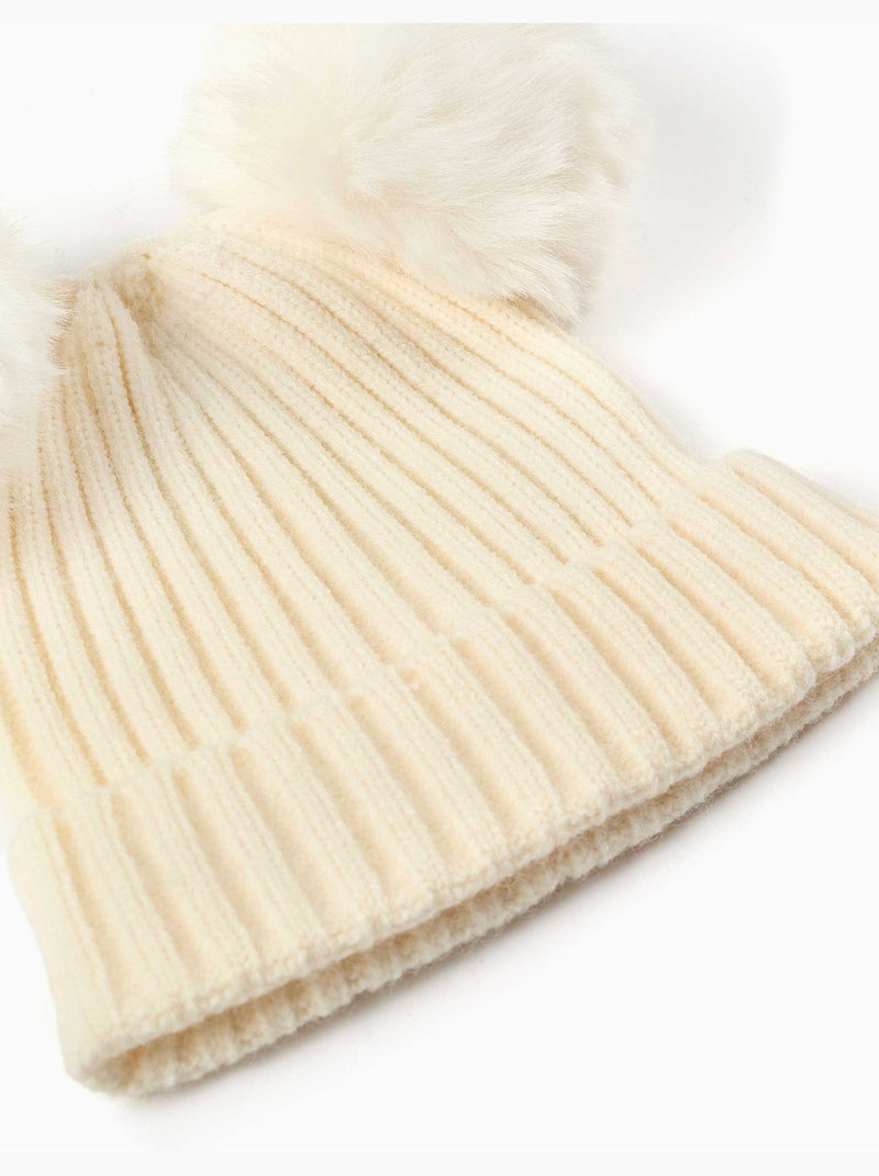 Berretto a maglia a costine con pompon Bianco - Kiabi