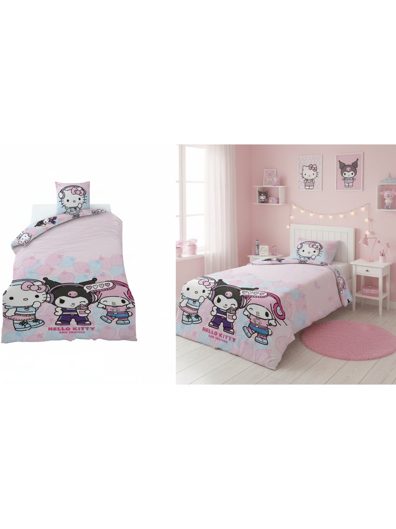 Biancheria Letto Bambina Hello Kitty & Friends 140x200 cm + Federa 65x65 cm Cotone-Poliestere Revers Nero Rosa - Kiabi