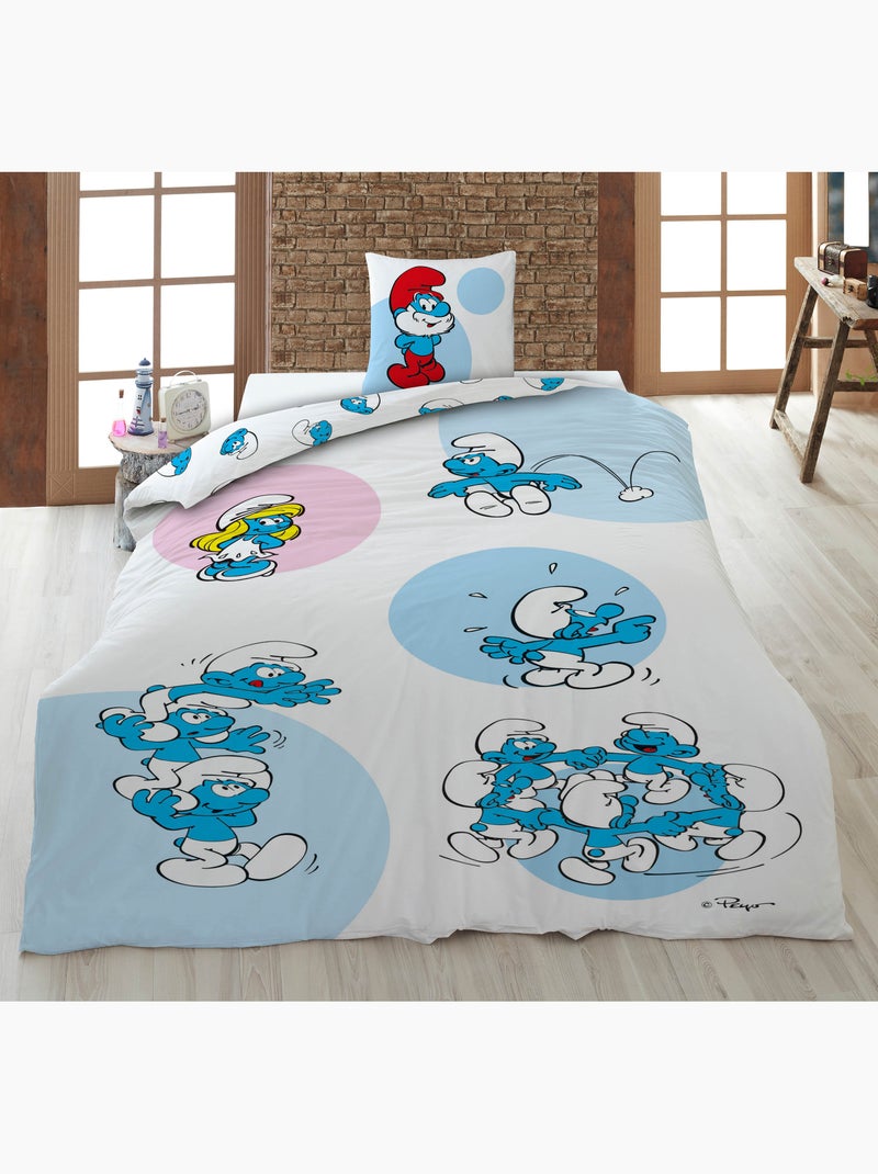 Biancheria Letto Bambino I Puffi 140x200 cm + Federa 65x65 cm Cotone-Poliestere Beige/Bianco - Kiabi