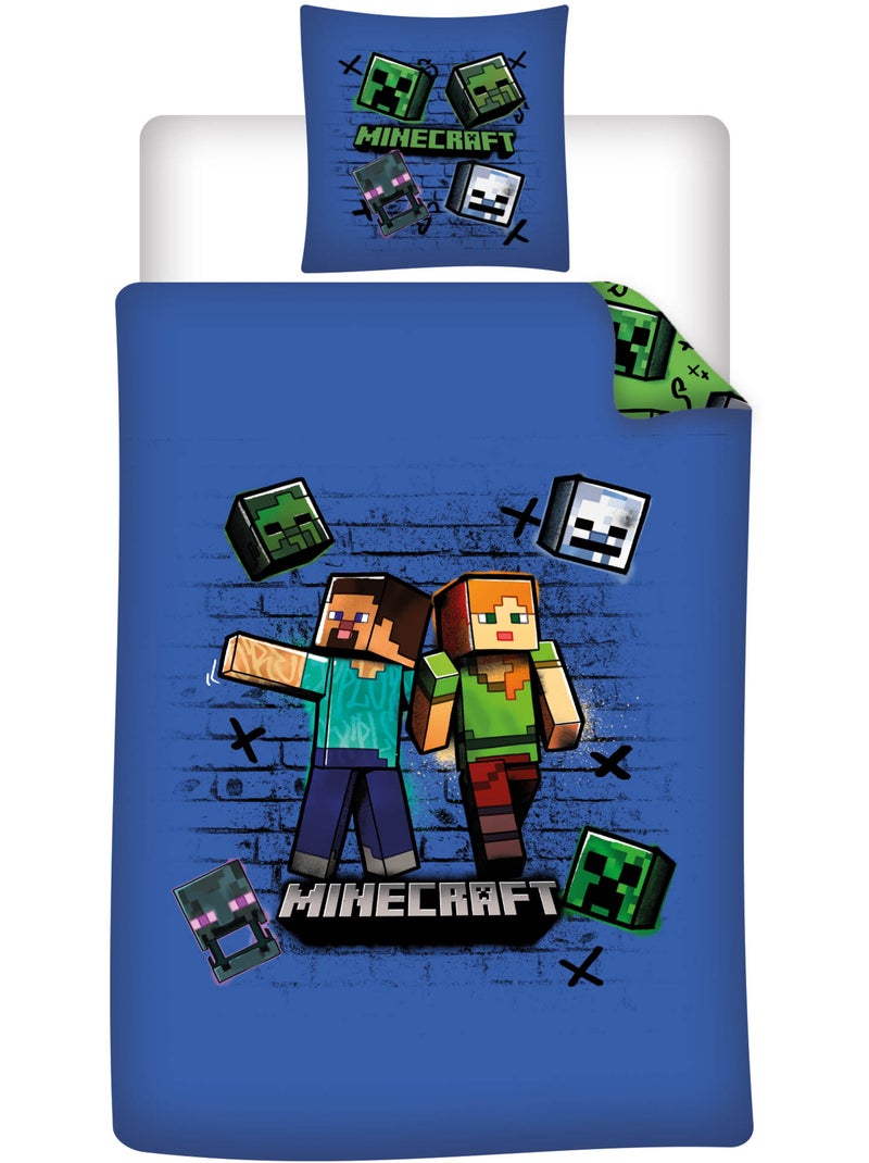 Biancheria Letto Bambino Minecraft 140x200 cm + Federa 63x63 cm 100% Poliestere Beige/Verde/Blu - Kiabi