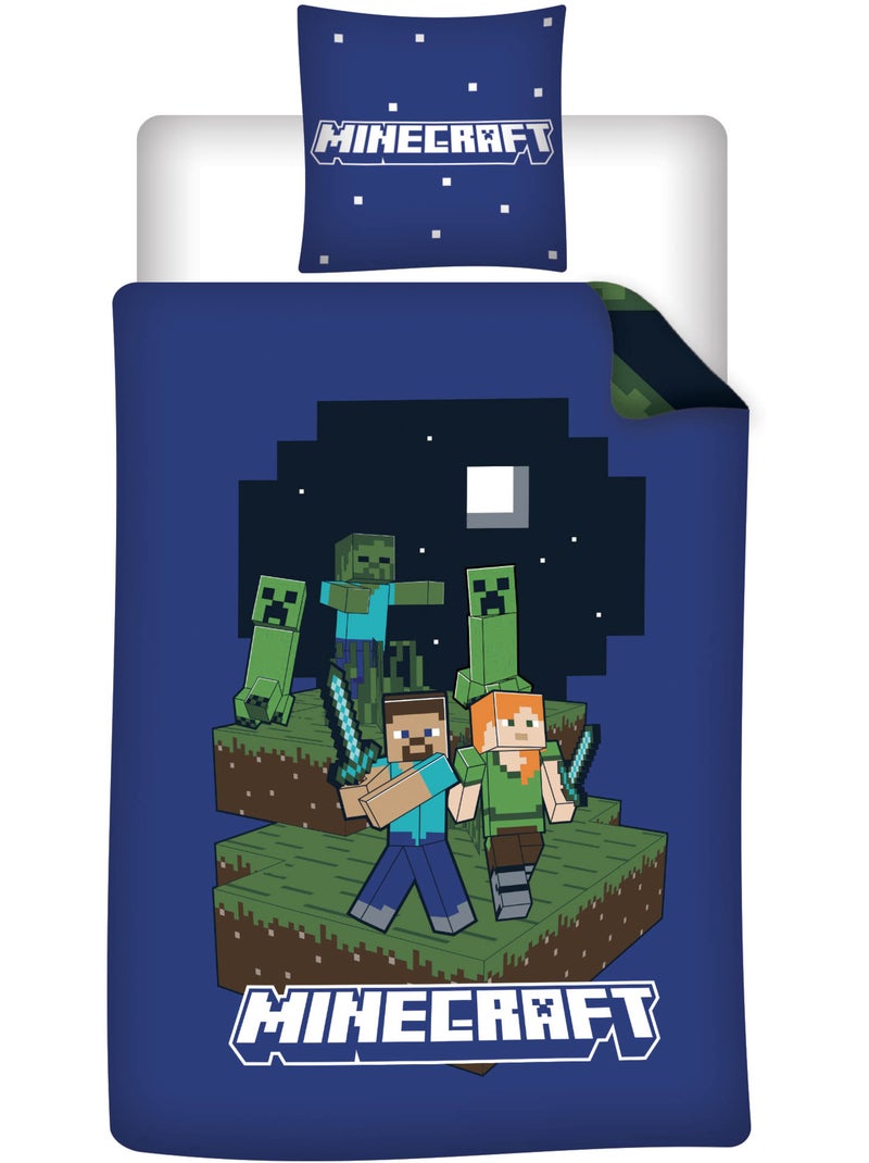 Biancheria Letto Bambino Minecraft 140x200 cm + Federa 65x65 cm Cotone-Poliestere Nero Blu - Kiabi