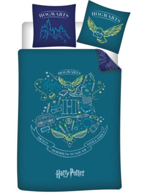 Biancheria Letto Harry Potter Hogwarts 140x200 cm + Federa 63x63 cm 100% Poliestere Reversibile - Kiabi