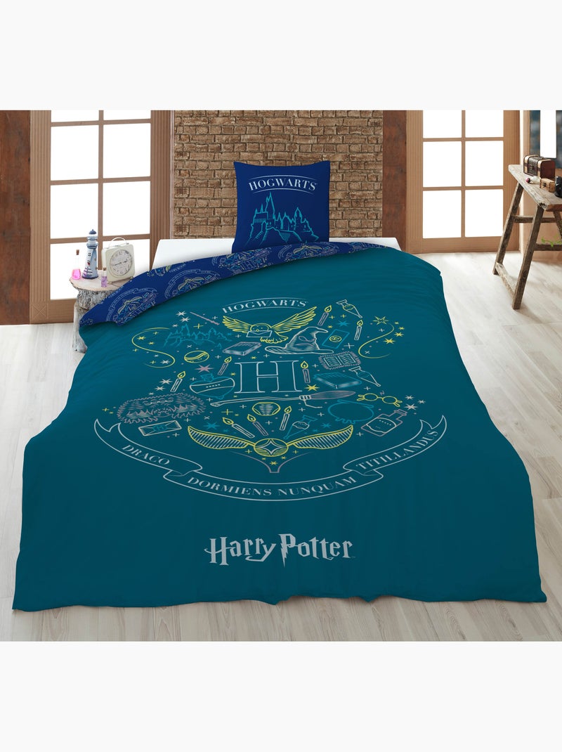 Biancheria Letto Harry Potter Hogwarts 140x200 cm + Federa 63x63 cm 100% Poliestere Reversibile Nero Blu Blu - Kiabi