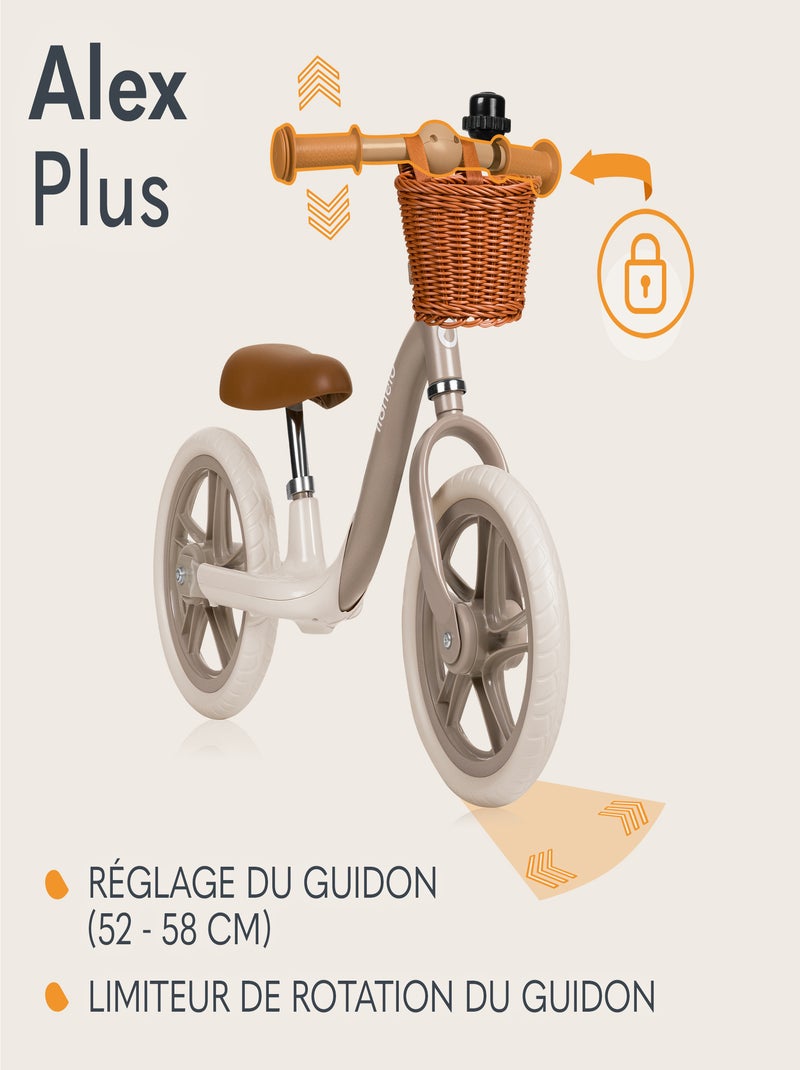 Bici senza pedali LIONELO Alex Plus - Leggera - Sella comoda - Regolabile - Cestino e campanello inc Beige - Kiabi