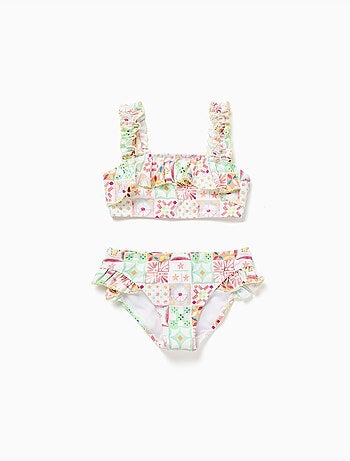 Bikini con motivo a piastrella e volant