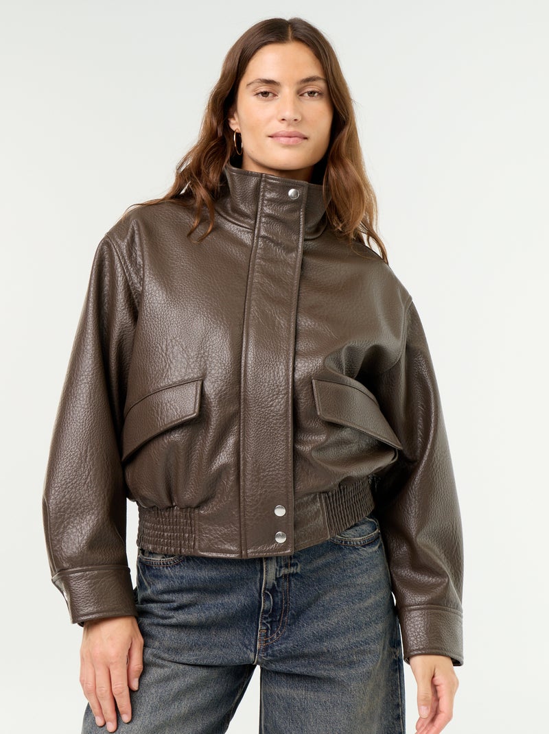 Blouson oversize in similpelle con collo alto Marrone - Kiabi