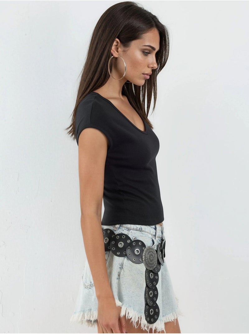 Blusa a coste con scollo a v busem Nero - Kiabi