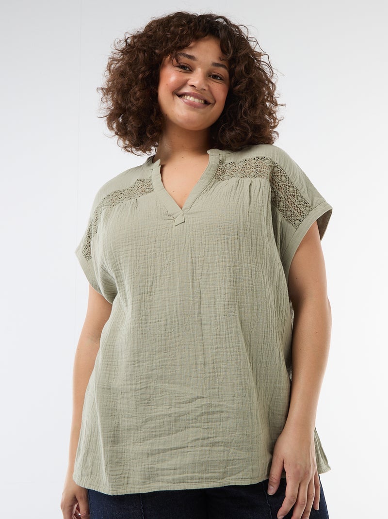 Blusa a maniche corte in doppia garza di cotone Verde - Kiabi
