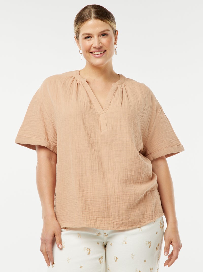 Blusa a maniche corte in garza di cotone BEIGE - Kiabi