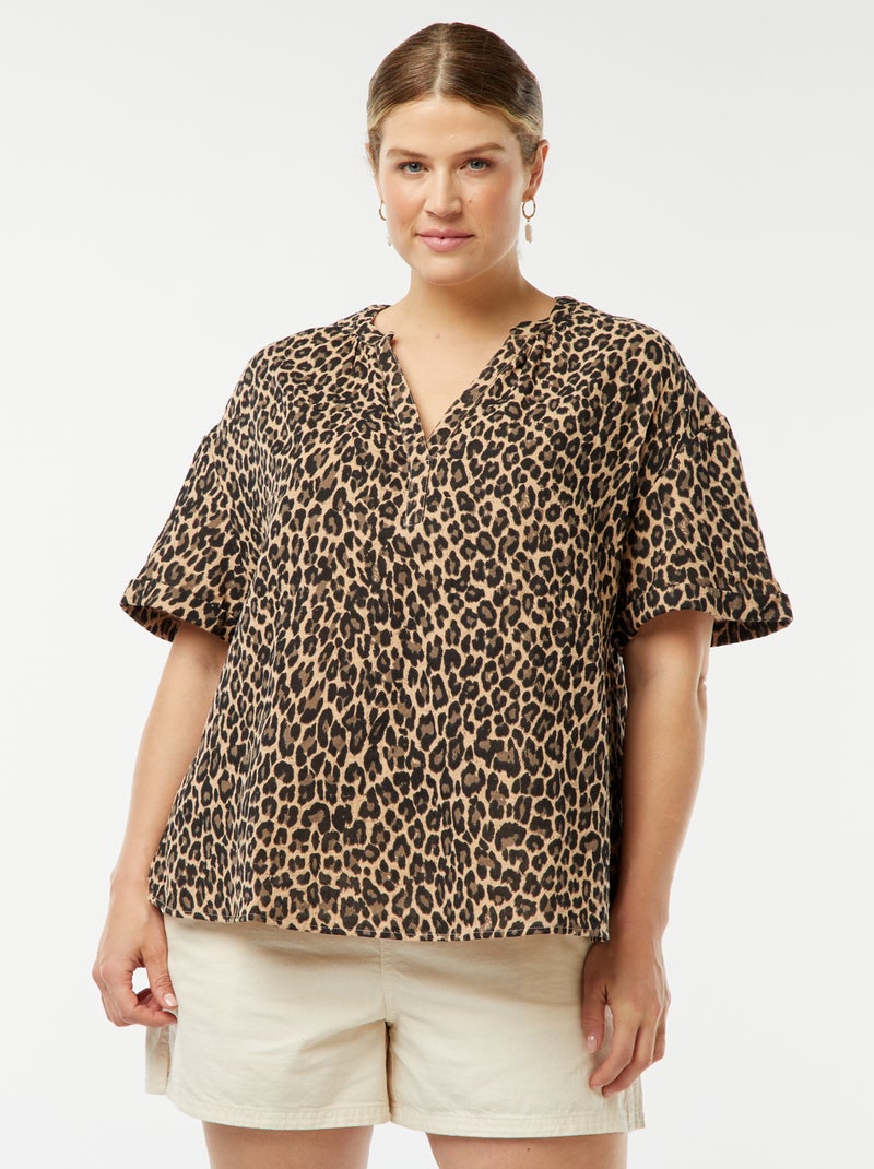 Blusa a maniche corte in garza di cotone BEIGE - Kiabi