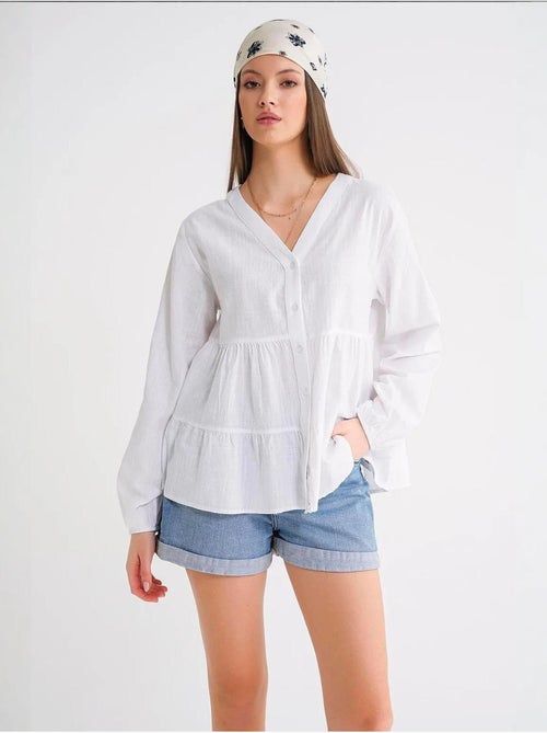 Blusa a maniche lunghe a balze con scollo a v mixray - Kiabi Blusa a maniche lunghe a balze con scollo a v mixray - Kiabi
