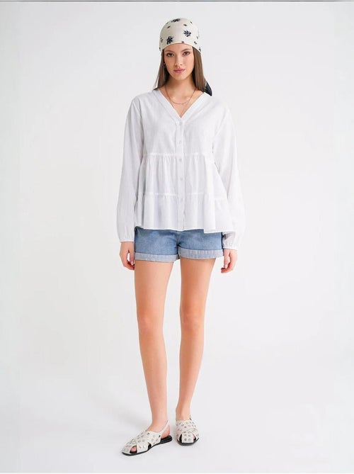 Blusa a maniche lunghe a balze con scollo a v mixray - Kiabi Blusa a maniche lunghe a balze con scollo a v mixray - Kiabi
