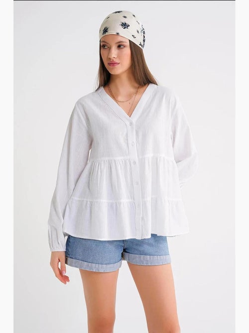 Blusa a maniche lunghe a balze con scollo a v mixray - Kiabi Blusa a maniche lunghe a balze con scollo a v mixray - Kiabi