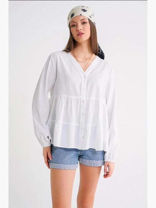 Blusa a maniche lunghe a balze con scollo a v mixray - Kiabi Blusa a maniche lunghe a balze con scollo a v mixray - Kiabi