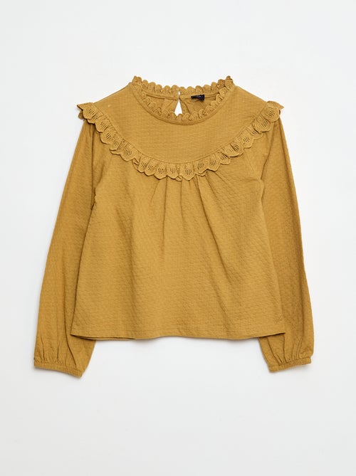 Blusa a maniche lunghe con collo rotondo e plastron con volant e ricami - Kiabi