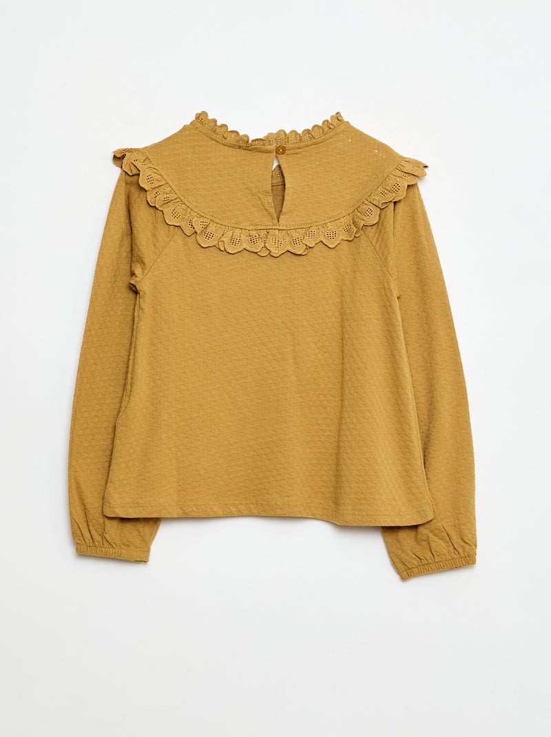 Blusa a maniche lunghe con collo rotondo e plastron con volant e ricami Beige - Kiabi