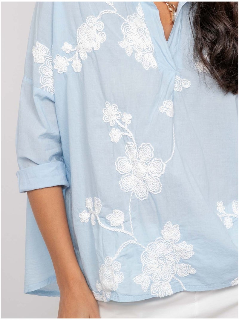 Blusa a maniche lunghe con ricamo OPEYA Blu cielo - Kiabi
