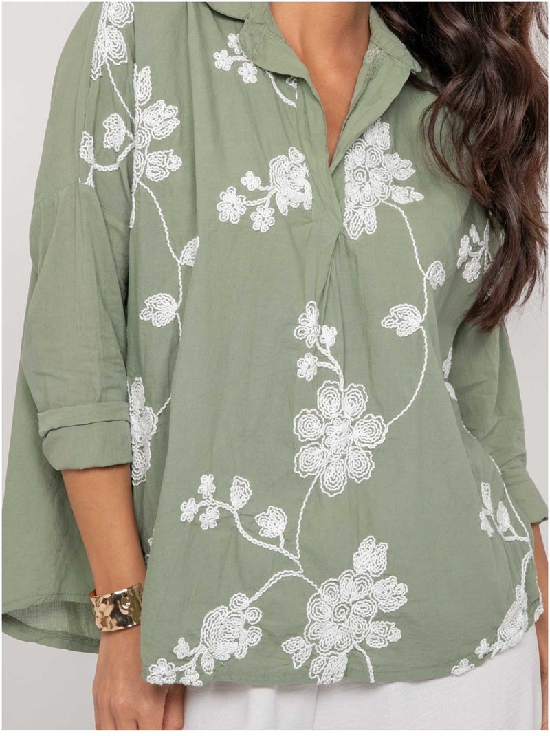Blusa a maniche lunghe con ricamo OPEYA Cachi - Kiabi